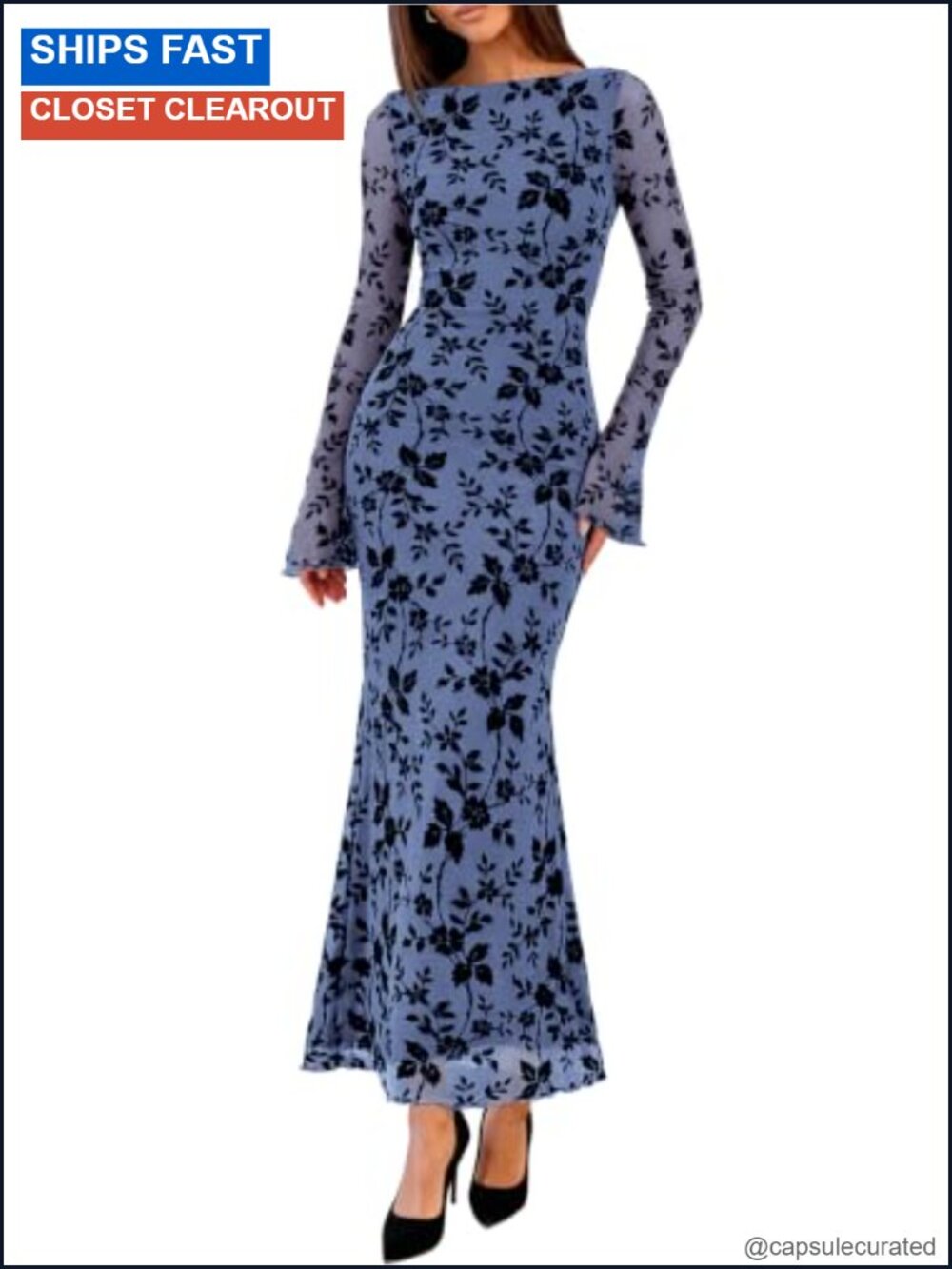 Womens Long Sleeve Floral Bodycon Maxi Dress Mesh Formal Wedding Guest